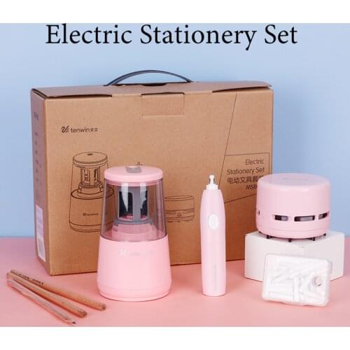 Tenwin Electric Pencil Sharpener Set Electronic Erasers Mechanical Desktop Vacuum Cleaner Set Children Art School Supplies