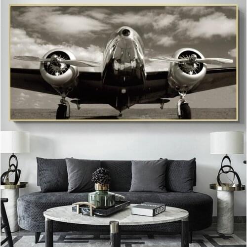 Classic Vintage Airplane Black and White Posters and Prints Oil on Canvas Painting Wall Art Pictures for Living Room No Frame