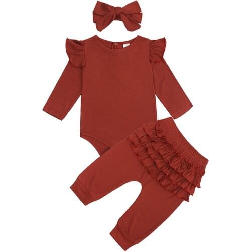 Baby Girl Clothes Set Lace-up Newborn Outfits Cotton 3Pcs Infant Girls Clothing Suit Fly Long Sleeves Romper Pants Hairband 2021