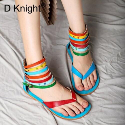 Summer Strap Gladiator Flats Sandals For Women Bohemian Vintage Cow Leather Female Flip Flops Roman Stripe Clip Toe Lady Sandals