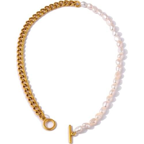 Fashion Natural Pearl Cubana Chain Necklace Stainless Steel Metal Gold Jewelry 18 K Heavy Metal Collar Necklace Party Gift