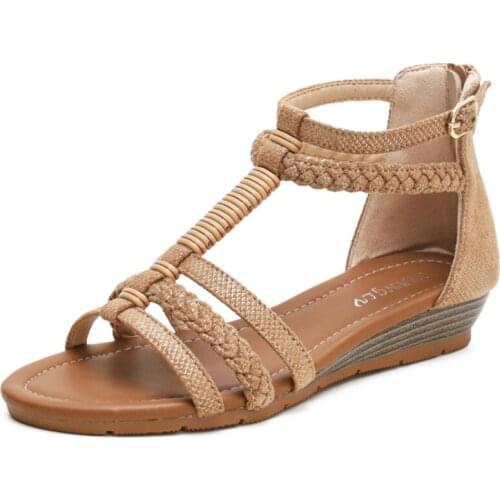 Fashion New Fish Mouth Leather Canvas Women Weave Wedge Heel Shoes Zipper Sandals Casual Beach Sandals Roman Shoes