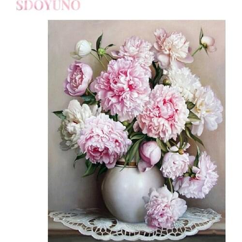 SDOYUNO Peony oil painting by numbers flowers kit for adults HandPainted pictures by numbers acrylic set art supplies home decor