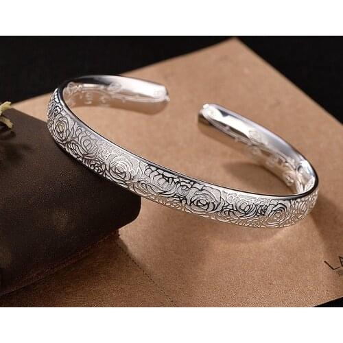 Natural 999sterling silver tree leaf rose smooth solid temperament ladies resizable silver bracelet bracelet for women
