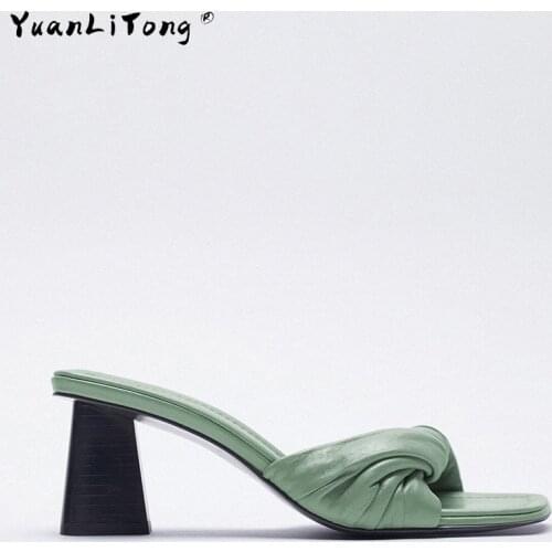 New Womens Sandals 2021 Summer Light Green Square Toe Knot High-Heeled Leather Sandals Heels Women