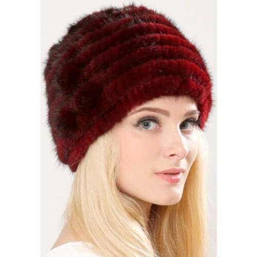 Womens Knitted Mink Fur Hat Hand Woven Winter Fur Cap Floral Mink Fur Hat For Lady Hat Real Fur
