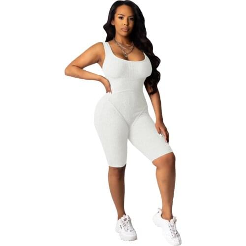 Sportswear Playsuit Casual Knit Rib Sleeveless Biker Shorts Bodycon Lounge Wear Body Fitness Rompers Fashion Mujer Clothes
