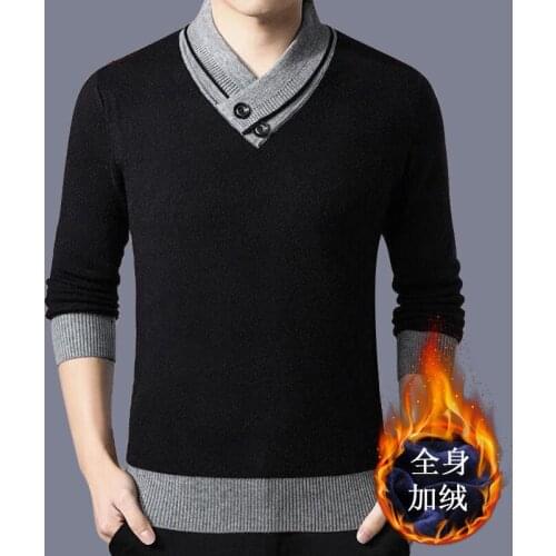 2020 new mens fall/winter V-neck sweater young and middle-aged long-sleeved sweater pure color plus velvet bottoming shirt