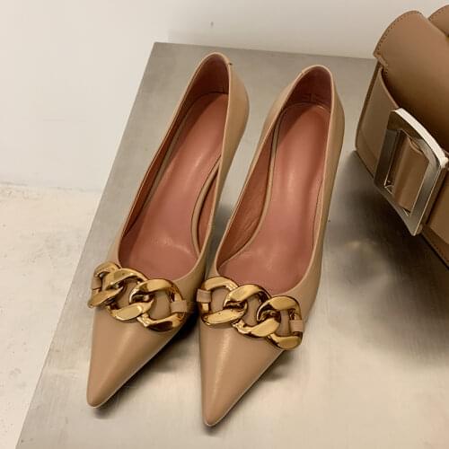 Women shoe cowhide leather slip on women pumps pointed toe Shoes on heels 7 CM high heels with chains spring simple shoes for OL