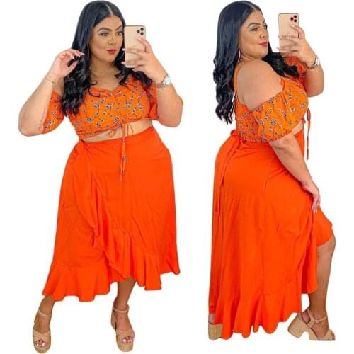 L-4XL 2021 plus size Women Summer Clothing Orange Printing short sleeve top and long skirt two piece set Wholesale dropshopping
