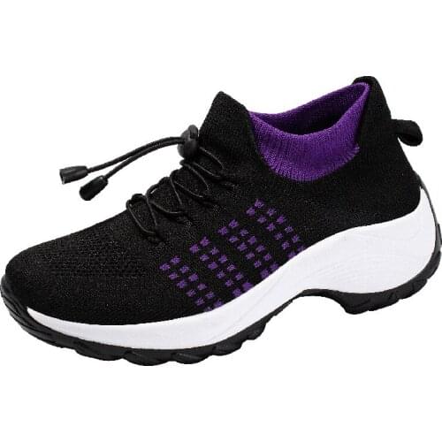 Koovan Womens Sneakers Mom Shoes Rocking Socks Shoes Casual Flying Woven Mesh Sports Lace-up Platform Shoes