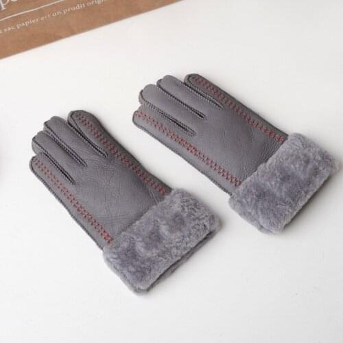 Women Solid Sheepskin Faux Fur Gloves Ladies Girls Winter Warm Wrist Hand Stitching Sewn Leather Full Finger Mitten