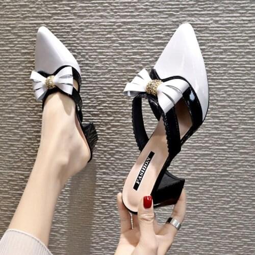 Women Heel Sexy Shoes Women Mules Pointed Toe Shoes Rivets Strap Heel Ladies Sandals Female Dress Shoes Brand