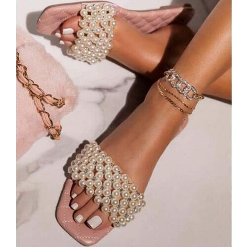 Slippers Women 2021 New Fashion Flat Shoes Women Sandals Summer Hot Red Sandals Pearl Rhinestone Women Sandals And Slippers