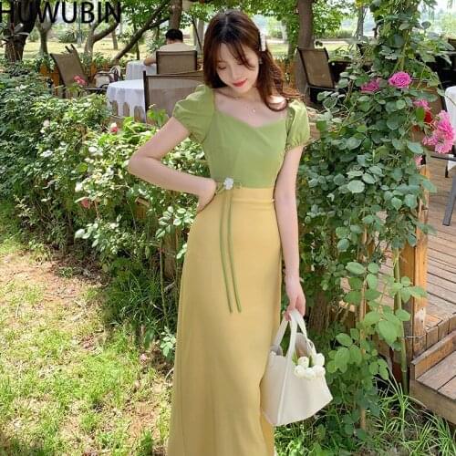 2021 Summer New Womens Large Square Neck French Splicing Long Lace Up Original Retro Waist Bubble Sleeve Fashion Dress