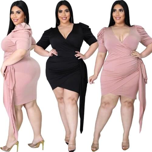 Plus Size Dress Women Fashion Wholesale Sexy Solid V Neck Bodycon Stretch Bandage Belt Puff Sleeve New Mini Dresses Dropshipping