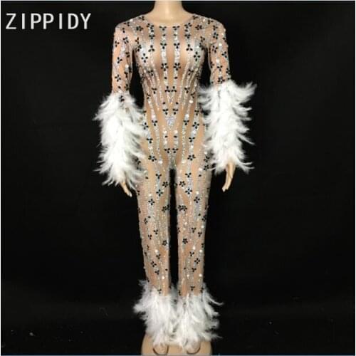 2019 Fashion Sparkly Rhinestones White Feather Jumpsuit Long Sleeves Spandex Bodysuit Big Leggings Singer Evening Stage Wear