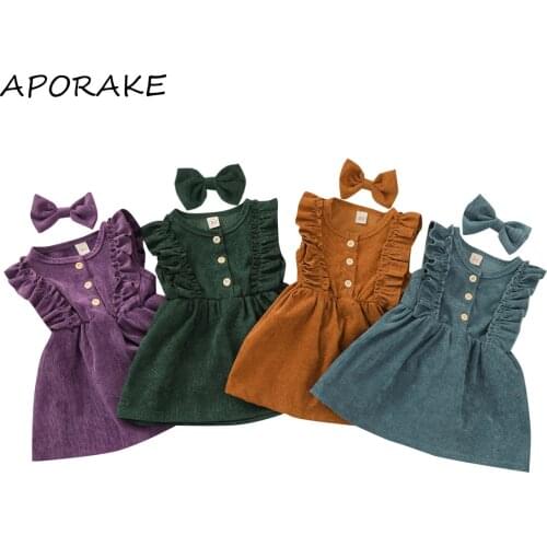 2021 0-5Y Spring Kids Baby Girls Corduroy Dress Solid Color Button Ruffle Sleeveless Summer A-line Dress Casual Clothes 2pcs