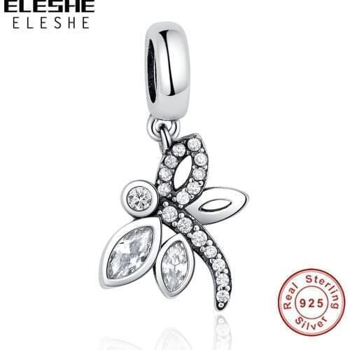 5PCS/Lot ELESHE S925 Sliver Dragonfly With CZ Dangle Bead Fit Original Bracelet & Necklace DIY Simple Jewelry Making Gift