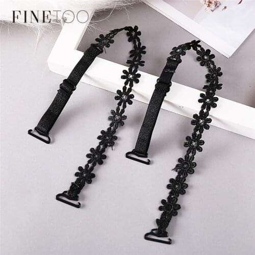 FINETOO 2Pcs/set Bra Invisible Hollowed Lace 3D Flower Shoulder Straps Anti Skid Black Beige Strap Womens Clothing Accessories