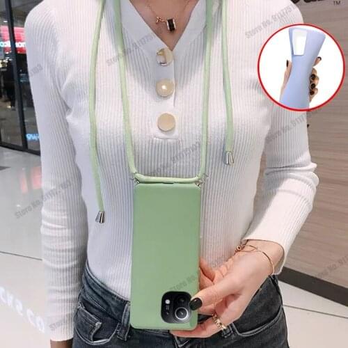 With Lanyard Neck Strap Rope Cord Case For Xiaomi MI 11 lite Ultra Silicone Soft TPU Candy color Back Cover For MI 10T Pro 10