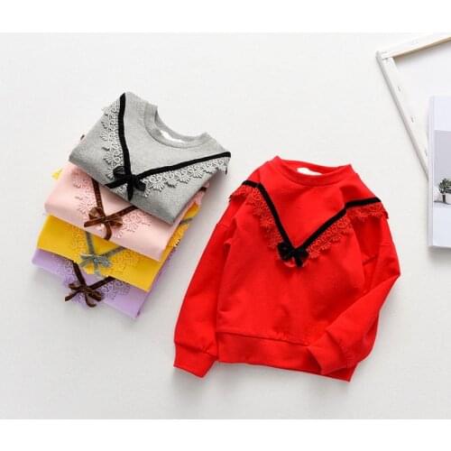 Menoea Fall Childrens Clothing Kids Girls Lace Bow Solid Color Long-sleeved T-shirt Baby Children Sweatshirts Toddler Clothes