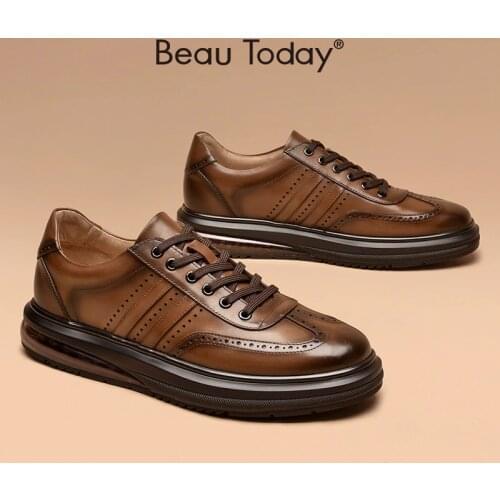 Cow Leather Men Shoes Round Toe Lace Up Brogue Style Breathable Platform Sneakers with Air Cushion Handmade BeauToday 55516