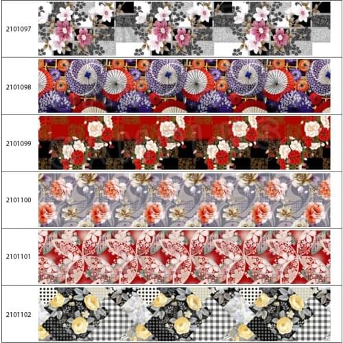 10yds Dark Flowers Japanese Style Flowers Printed Grosgrain/Satin Ribbon