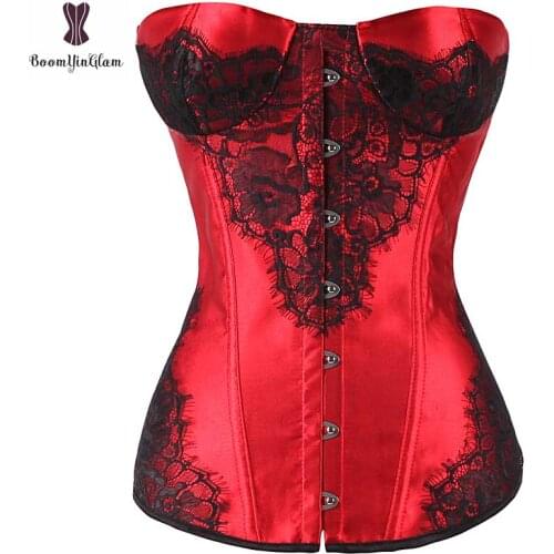 Lace Applique Corset Sexy Satin Overbust Bustier Plastic Boned Cupless Custome Women Fantasy Court Brocade Gothic Gorset Casual