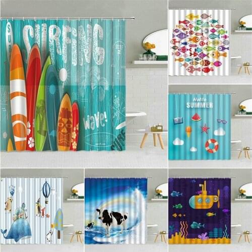 Cartoon Ocean Summer Scenery Shower Curtain Surfboard Dolphin Whale Fish Bathroom Decor Wood Grain Waterproof Fabric Curtains