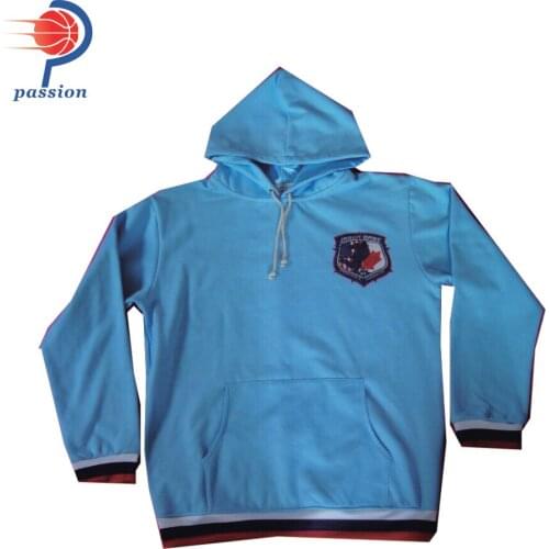 MOQ 5 pcs $36 each Custom Brand Baby Blue Ice Hockey Hoodies With Sublimation Printing Ribbing Cuff and Hem