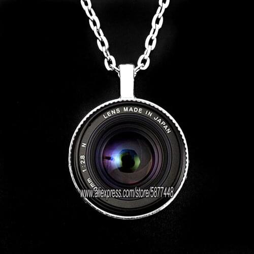 Fashion SLR Lens Camera Pendant Glass Cabochon Necklace Photographer SLR Enthusiast Chain Necklace for Photography Lovers