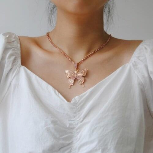 Big Butterfly Pendant Necklace Rhinestone Chain for Women Bling Tennis Chain Crystal Choker Necklace Jewelry