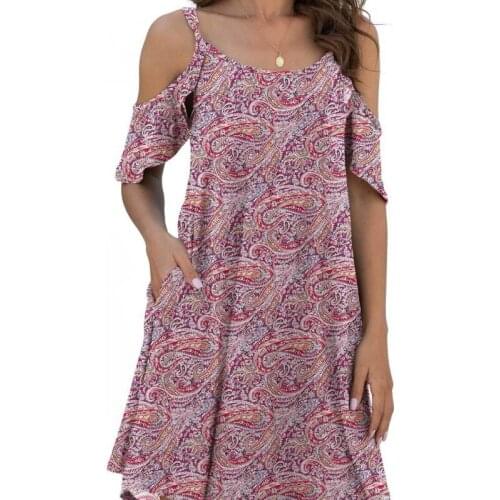 Casual Loose Tie-Dye Printed Off-The-Shoulder Temperament Ruffle Short Sleeve Pocket Dress Fashion Commute Dresses Wholesale