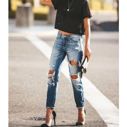 Ripped Jeans Woman High Waisted Pants Aesthetic Female Streetwear Vintage Clothing Blue Denim Hollow Out Skinny Trousers Girls