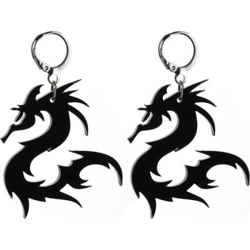 Chinese Style Metal Arcylic Dragon Earrings Punk Cool Black Gold Silver Color Women Mirror Surface Twisted Animal Drop Earrings