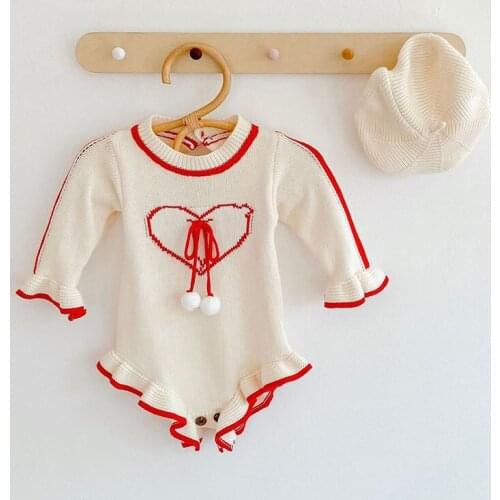 Spring Autumn Baby Girl Clothes Toddler Long Sleeve Love Red Lace Knit Bodysuit Sweater Baby Triangle Jumpsuit
