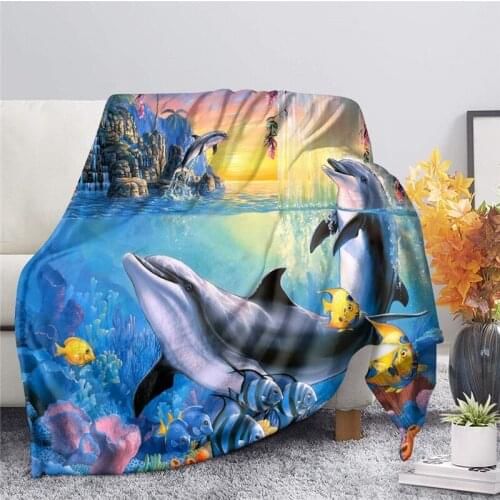 Autumn/Winter Comfortable Fleece Blanket Sea Animals Dolphin Fishes Print Large Bedspreads Couch Blankets for Kids Adult Manta
