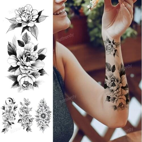 Waterproof Temporary Tattoo Sticker Sketch Rose Flowers Snake Peony Flash Tattoos Wolf Fox Body Art Arm Fake Sleeve Tatoo Women