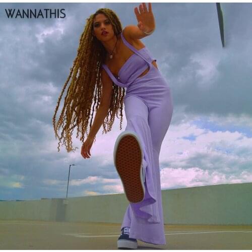 WannaThis Solid Loose Womens Jumpsuit Hollow Out Sleeveless Waist Summer Rompers Casual Fitness Purple Fashion Workout Korean