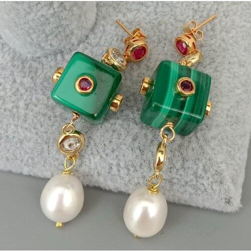 YYGEM Cz Pave Chain Natural Green Malachite Cube Cultured White Rice Pearl Stud Earrings