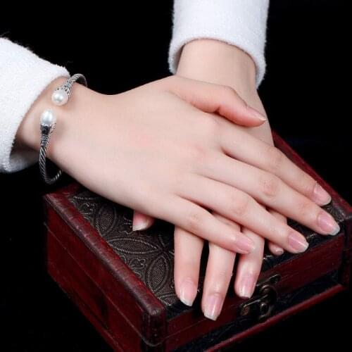 Authentic 100% 925 Sterling Silver Pearl Bracelet & Bangle jewelry Pure Handmade Silver Bangle For Women Free shipping