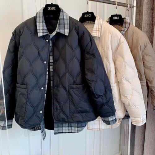 Womens Coats Fake Two-Piece Set Jackets Clothes Autumn Winter New Thickened Loose Stitching Blouses+Quilted Coat Vintage Plaid