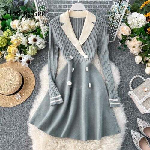 Young Gee Fashion Women Knitted Skate Dress Fall Winter Long Sleeve Thick Sweater Vinteage Double Breasted Trunic Silm Dresses
