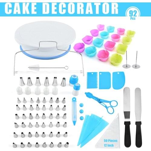 92 Pcs/Set Cake Stand Turntable Kit Cake Decorating Tools Table Baking Piping Nozzle With Bag Pastry Spatula Scraper Dessert Set