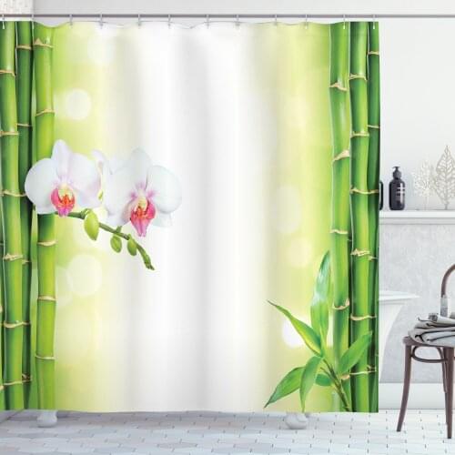 Bamboo Orchid Shower Curtain Exotic Style Branches Flowers Drape Set for Bathroom 12 Hooks Cortinas de Baño וילון אמבטיה