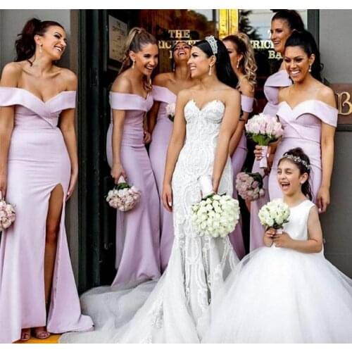 Elegant A-Line Long Satin Off Shoulder Bridesmaid Dresses with Slit Light Purple Custom Lace Up Formal Wedding Party Dresses
