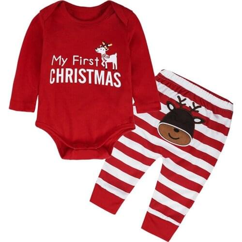 New Baby Boy Girl Newborn First Christmas Elk printed Clothes Romper Striped Trousers Infant Outfit Set Baby Birthday Gift