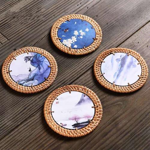 Round Rattan Handwoven Coasters Bowl Pad Insulation Tray Placemats Table Padding Cup Pads Table Decoration Accessories