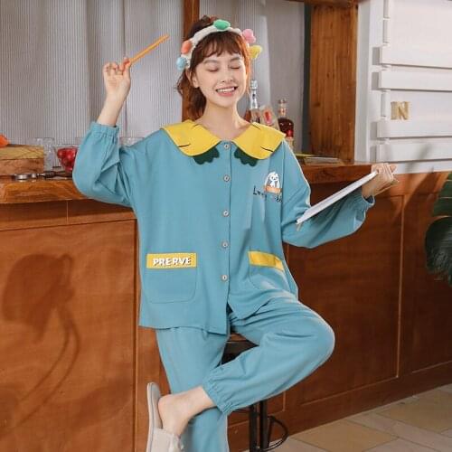 Autumn Winter Womens Pajamas Sets Cute Cartoon Female Two Pieces Set Nighties Soft Long Sleeve Sleepwear
